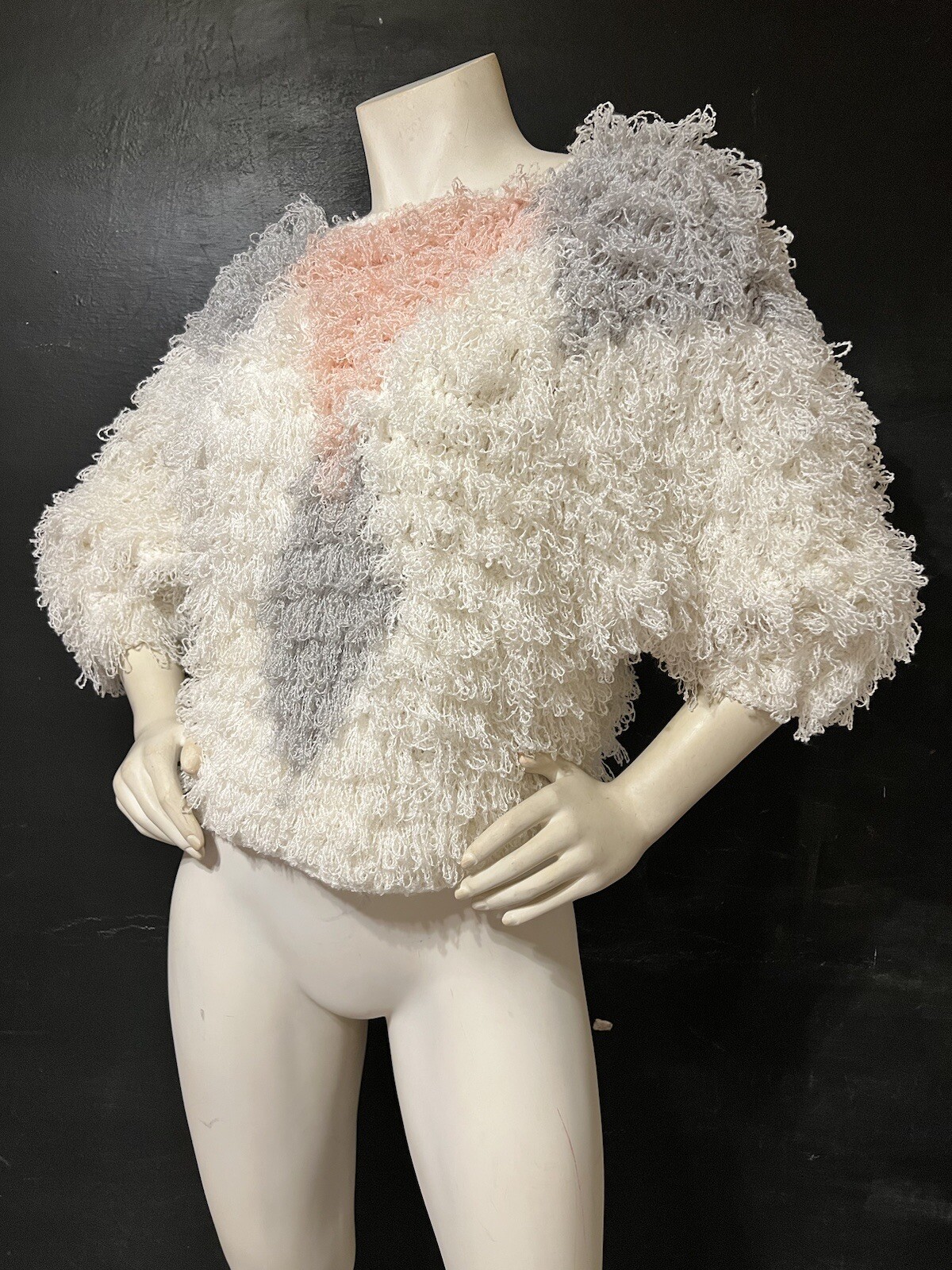 Vintage 80’s Side Effects Shaggy Knit Hand Crochet Sweater Oversized L Geometric
