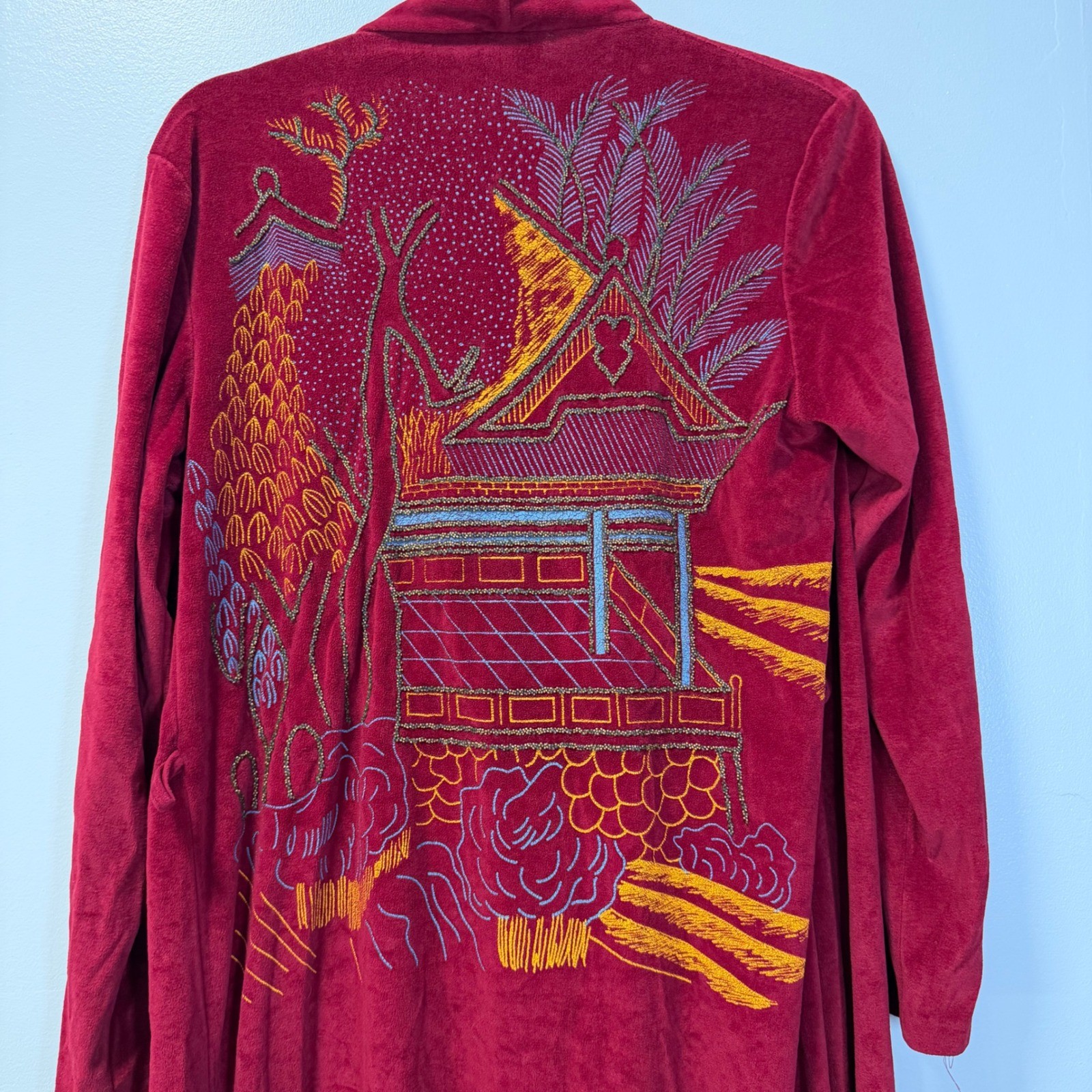 Vintage Paulette New York Red Velour Beaded Pagoda Maxi Hostess Robe Small