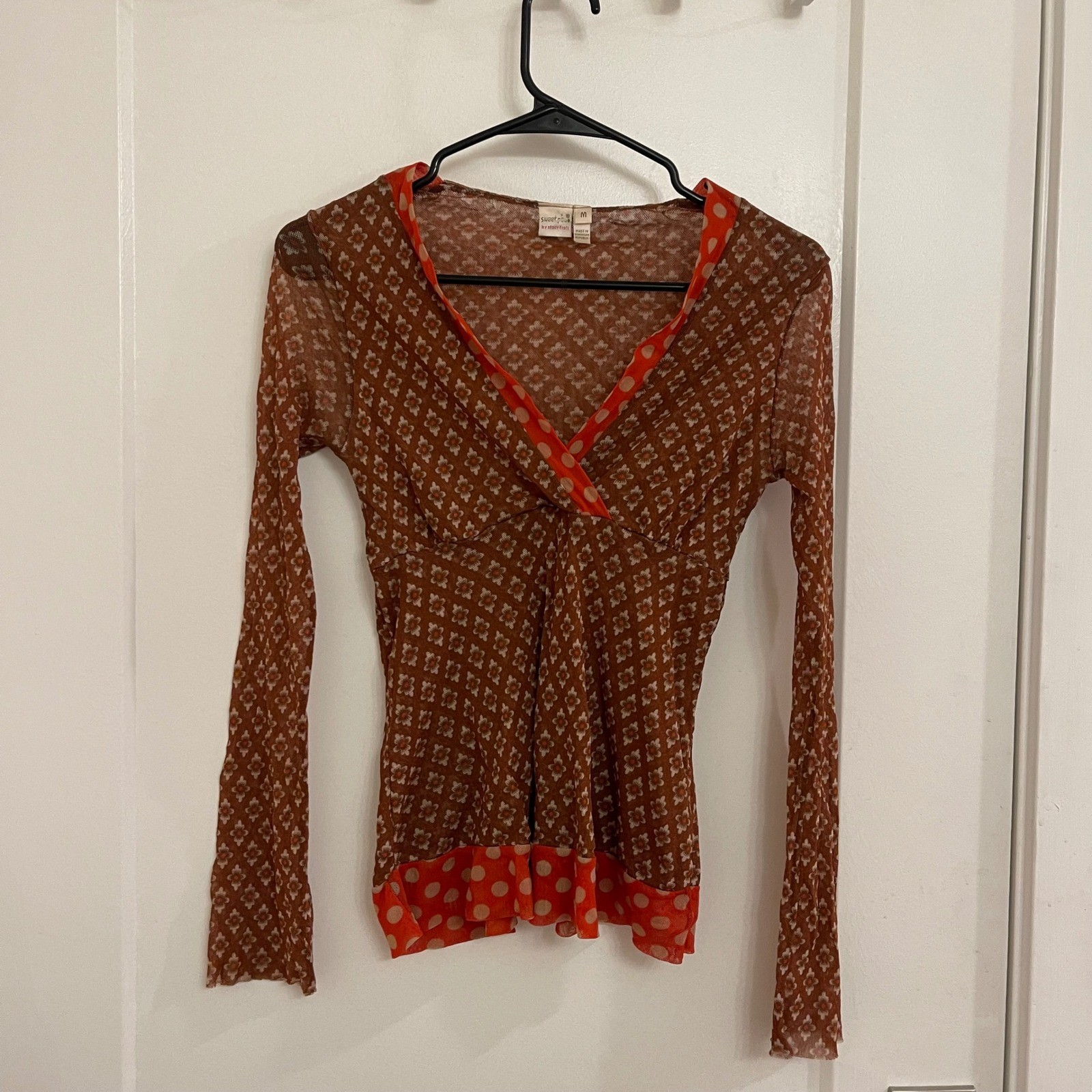 Vintage Y2K Sweet Pea by Stacy Frati Mesh Sheer V Neck Blouse Boho Retro