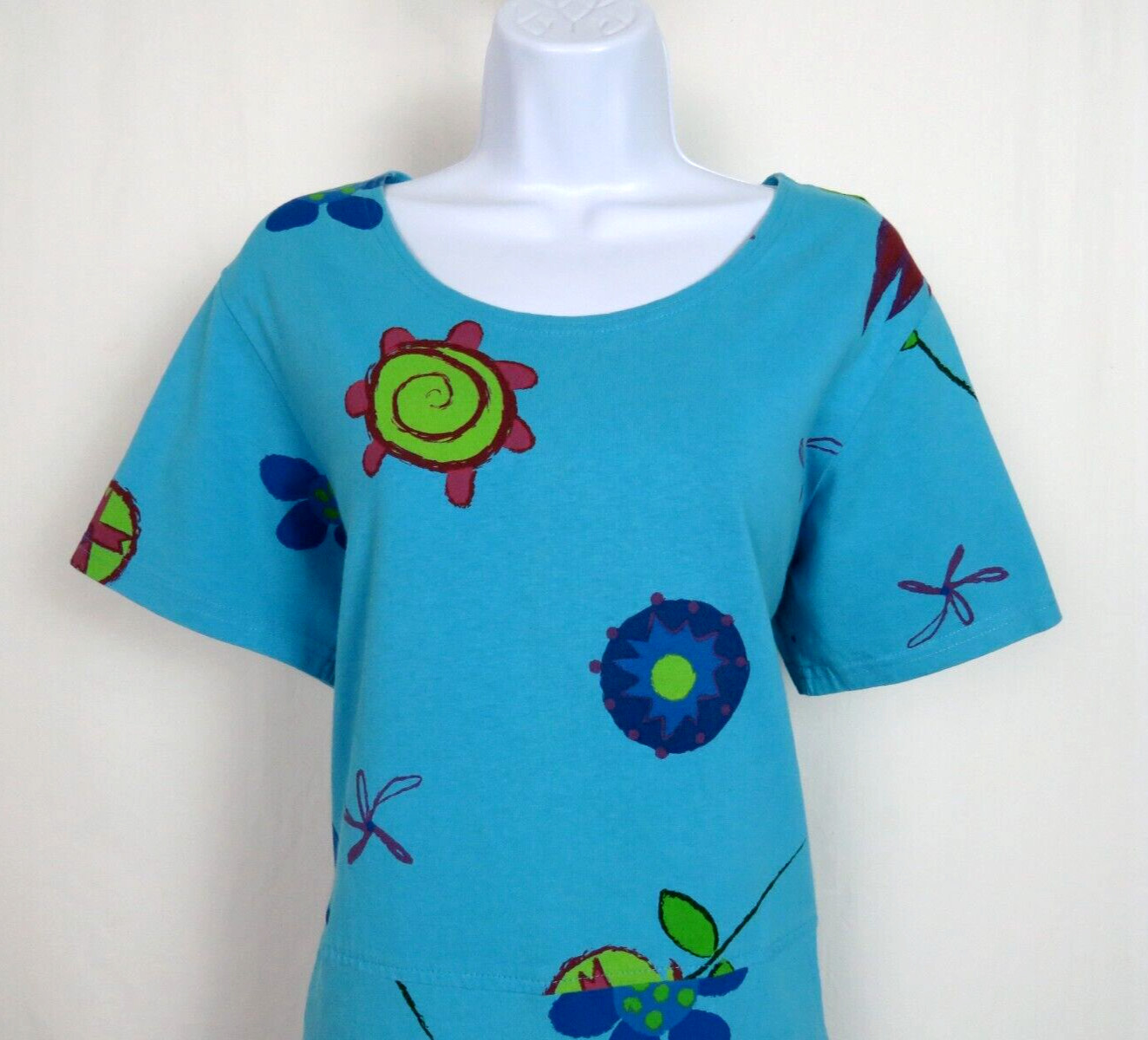 VTG 1980s 90s RED GINGER MEDIUM COTTON DRESS MOD FLOWERS ROPE BELT AQUA BLUE