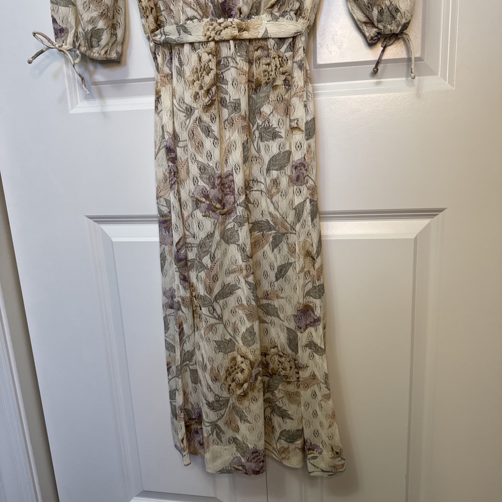 Vintage 70s Jerrie Lurie Floral Maxi Dress Cream Pink Boho Cottage Core Garden