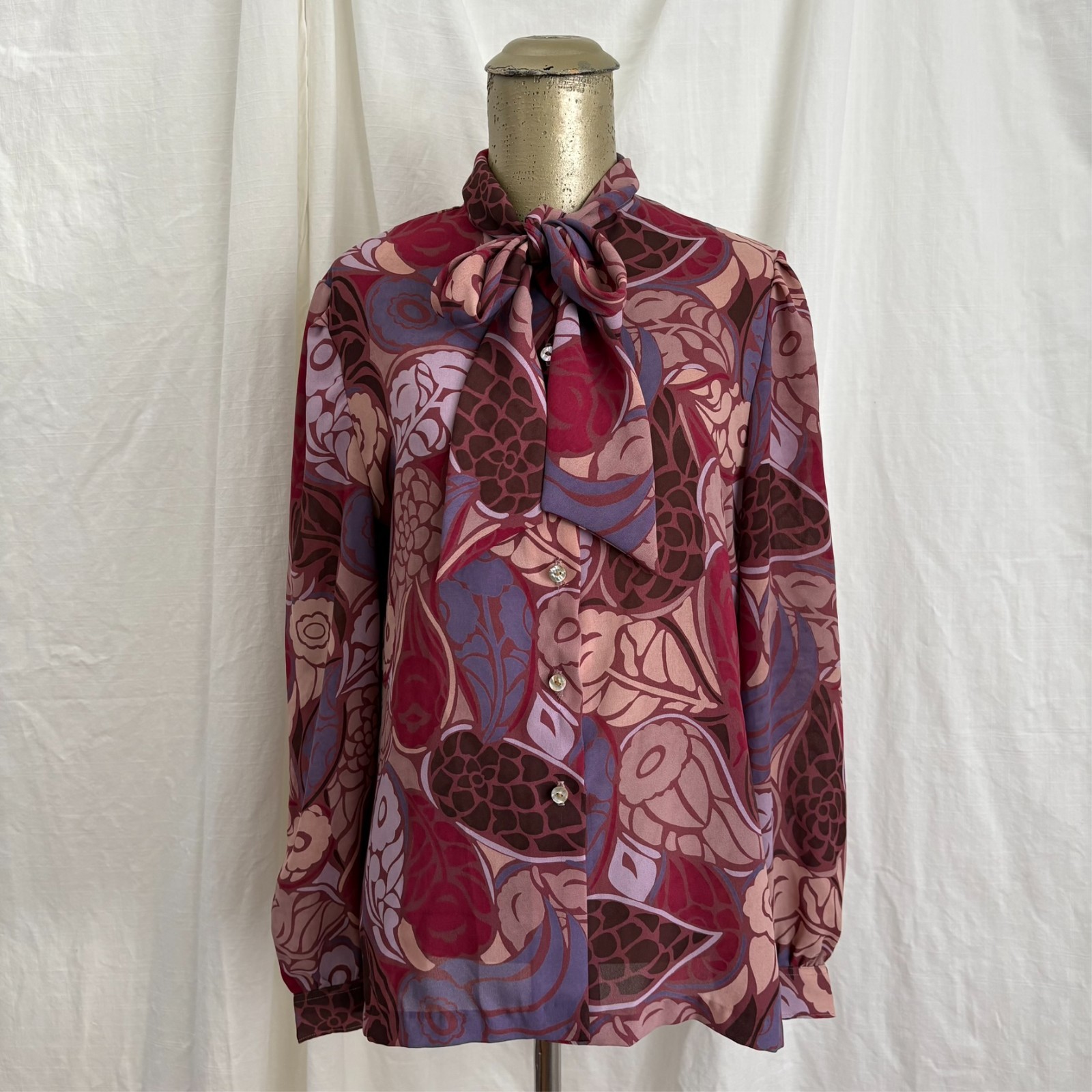 Vintage 1970s Austin Hill Pink Purple Blouse Top Retro Union Made Tie Bow M/L