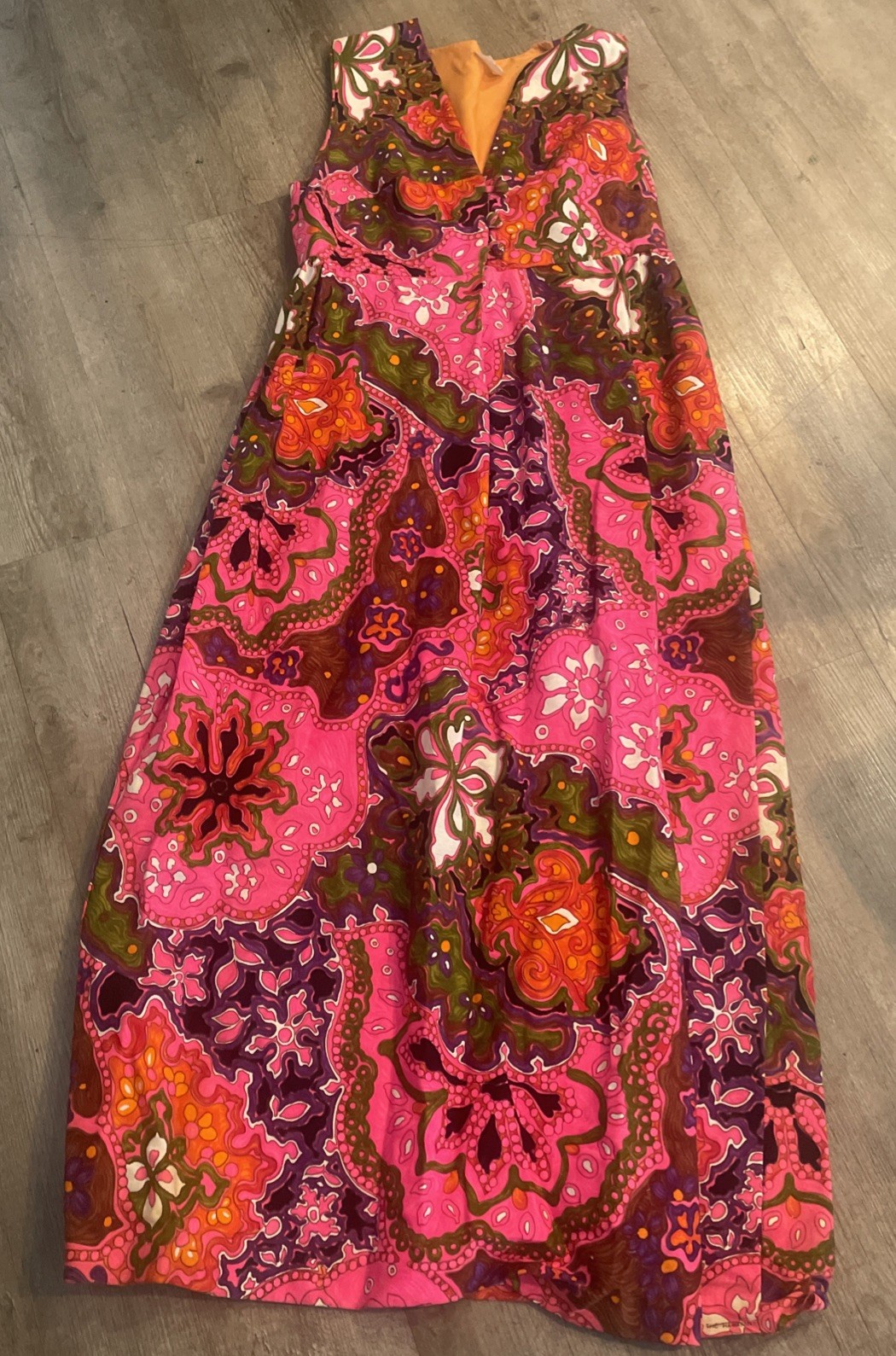 Vtg Sleeveless Maxi Dress Hot Pink Multicolor Psychedelic Print Barkcloth Lg