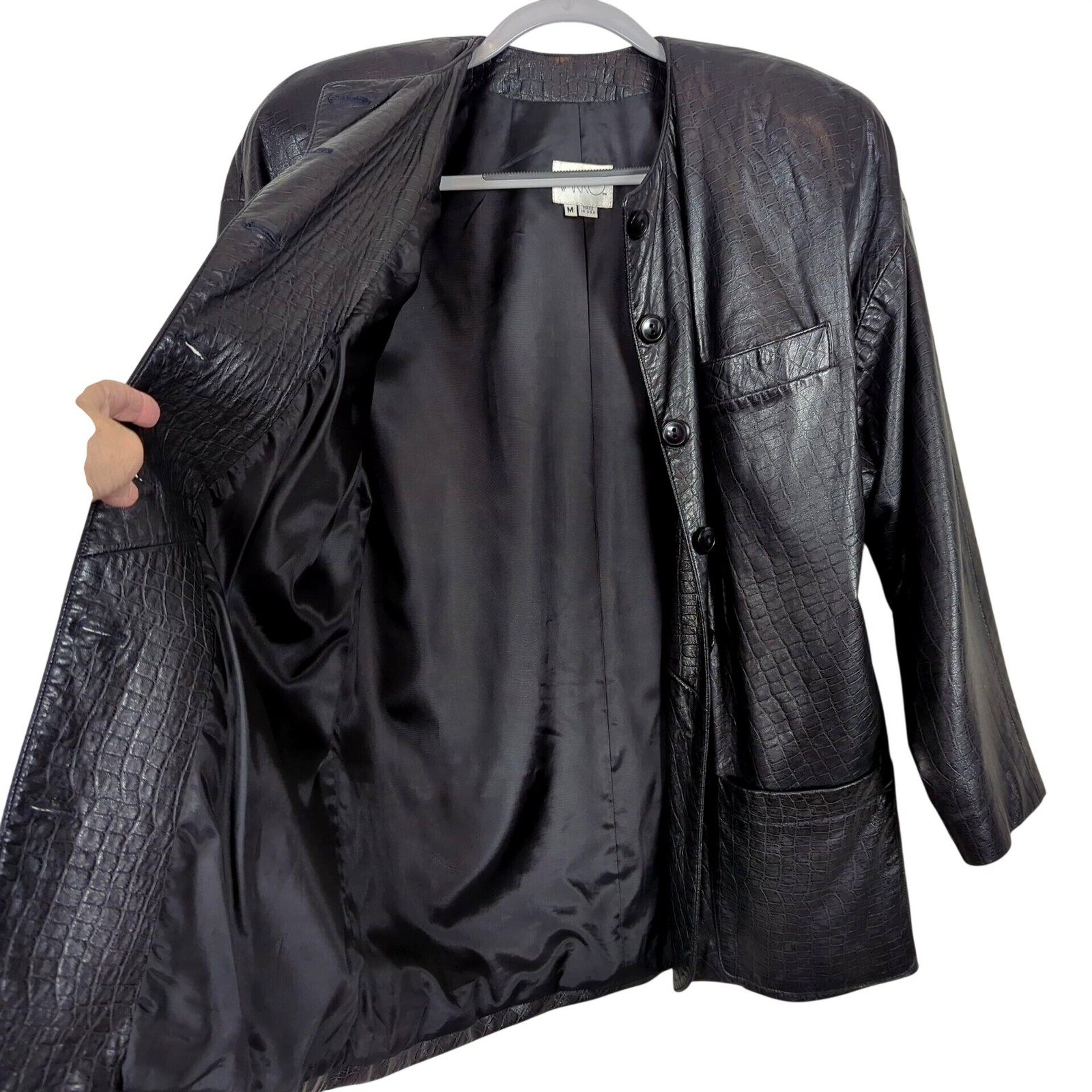 Vintage Vakko Leather Black Jacket Size M Croc Embossed USA Made Button Front