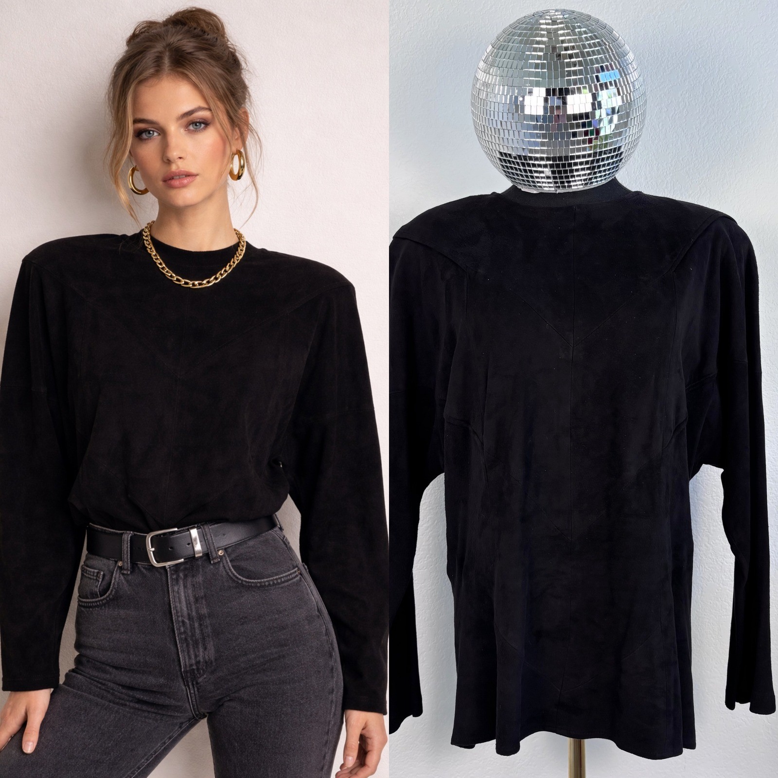 Vintage West Bay Saks Fifth Avenue Black Lamb Suede Padded Shoulder Top Size 6