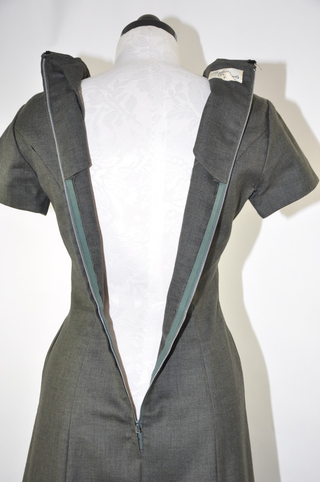60s Vintage Dark Green Cotton Canvas Scallop Peter Pan Collar Mod Dress Women S
