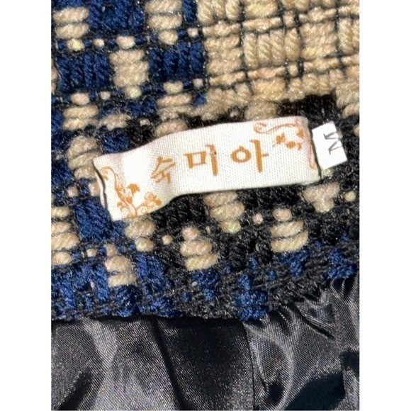 VINTAGE Handmade Korean Textured Weave Coat Navy Blue Cream Plaid A-Line | Sz M