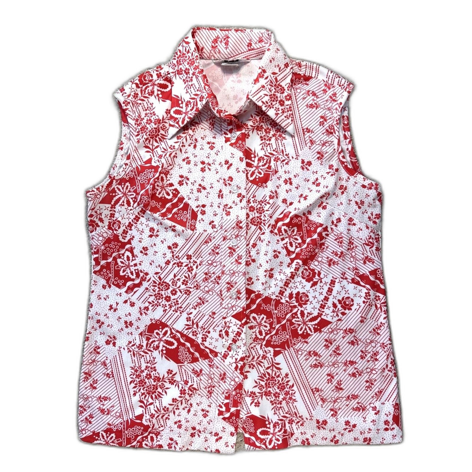 Vintage 70s Sears Sleeveless Blouse Womens M Red White Retro Mod Patchwork Top
