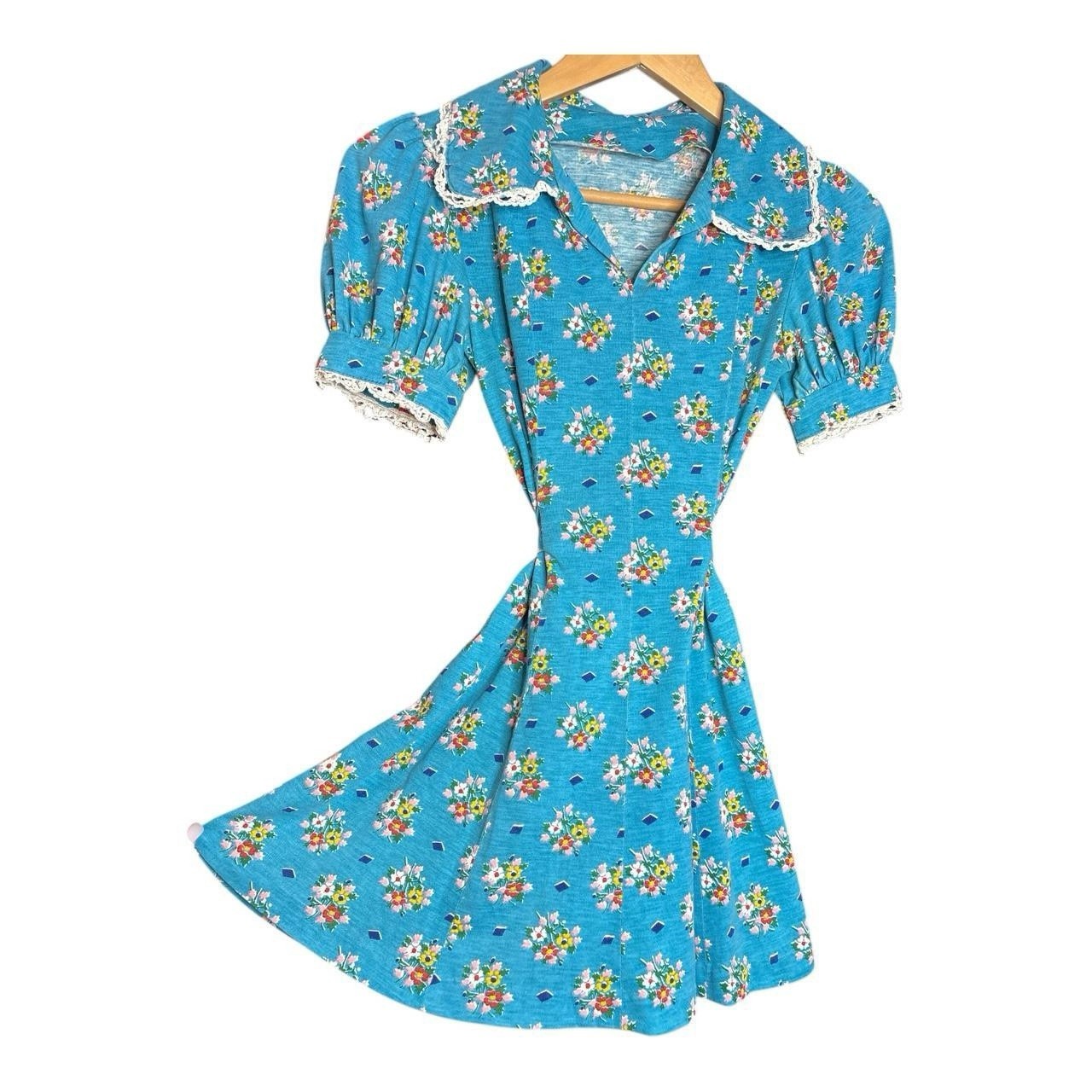 Handmade Vintage Flower Dress With Ruffle Sleeves In Blue.