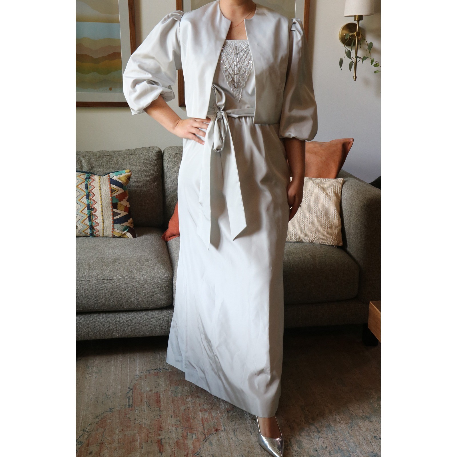Vintage 1970s Bernadette Beaded Maxi Dress Jacket Set 12 Patio Hostess Gown Gray