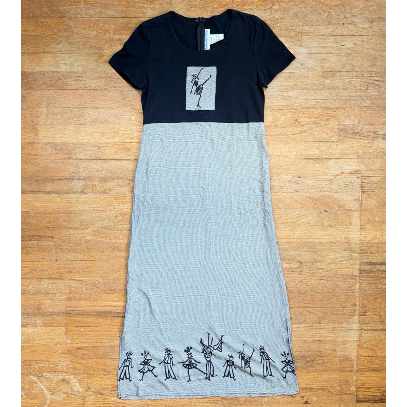 Vintage Dancer Art Print Dress Size Small 90s Houndstooth Maxi Stick Figures