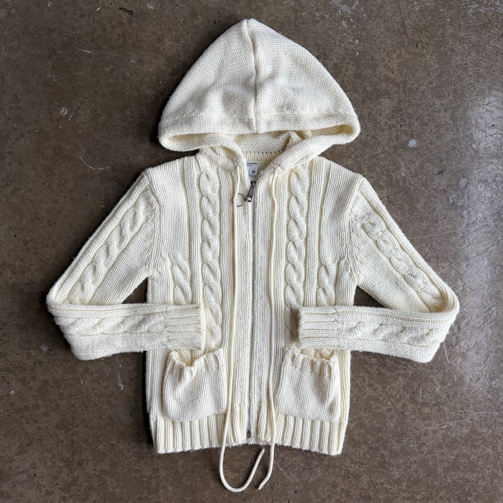 Vintage 80’s JC Penney Cream Cable Knit Acrylic Zip Drawstring Hoodie Women’s XS