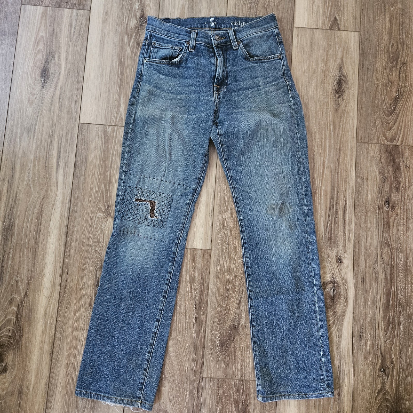 7 for All Mankind Straightleg Blue Jeans Austyn Distressed, Thrashed 28/29
