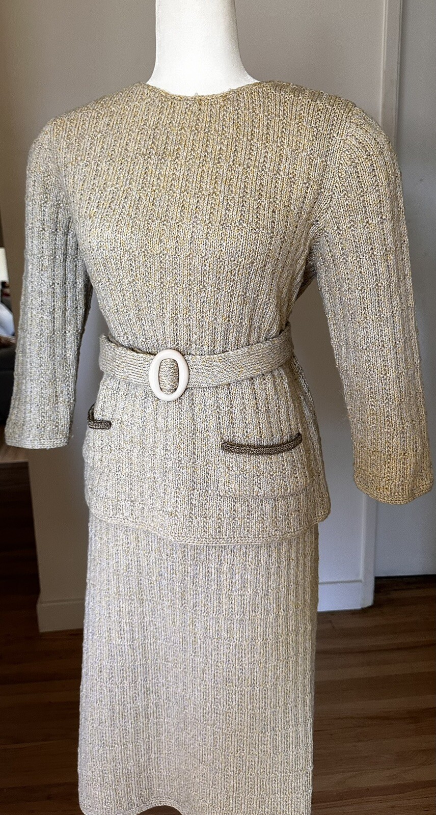 VTG Sweater Skirt Set Sydneys Knit Wool Gold Silver Metallic Stretch 1960s Rare