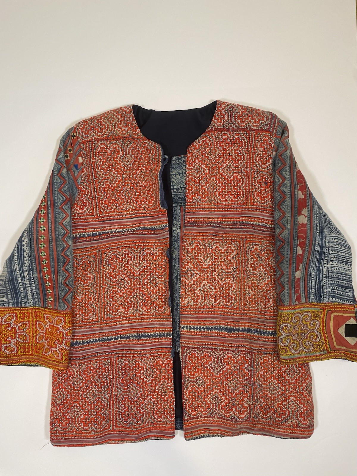 Vintage Hmong Style Embroidered Jacket Boho Ethnic Artisan Indigo Print XL