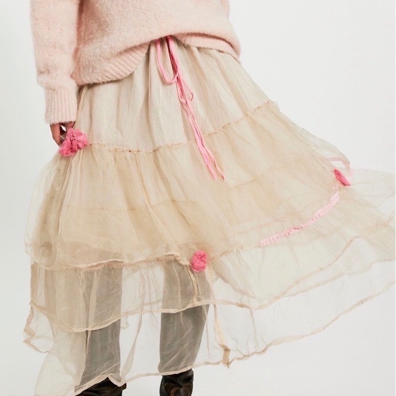 Magnolia Pearl Silk Organza Ruffled Layered Skirt Whimsy Handmade Pink Roses NWT