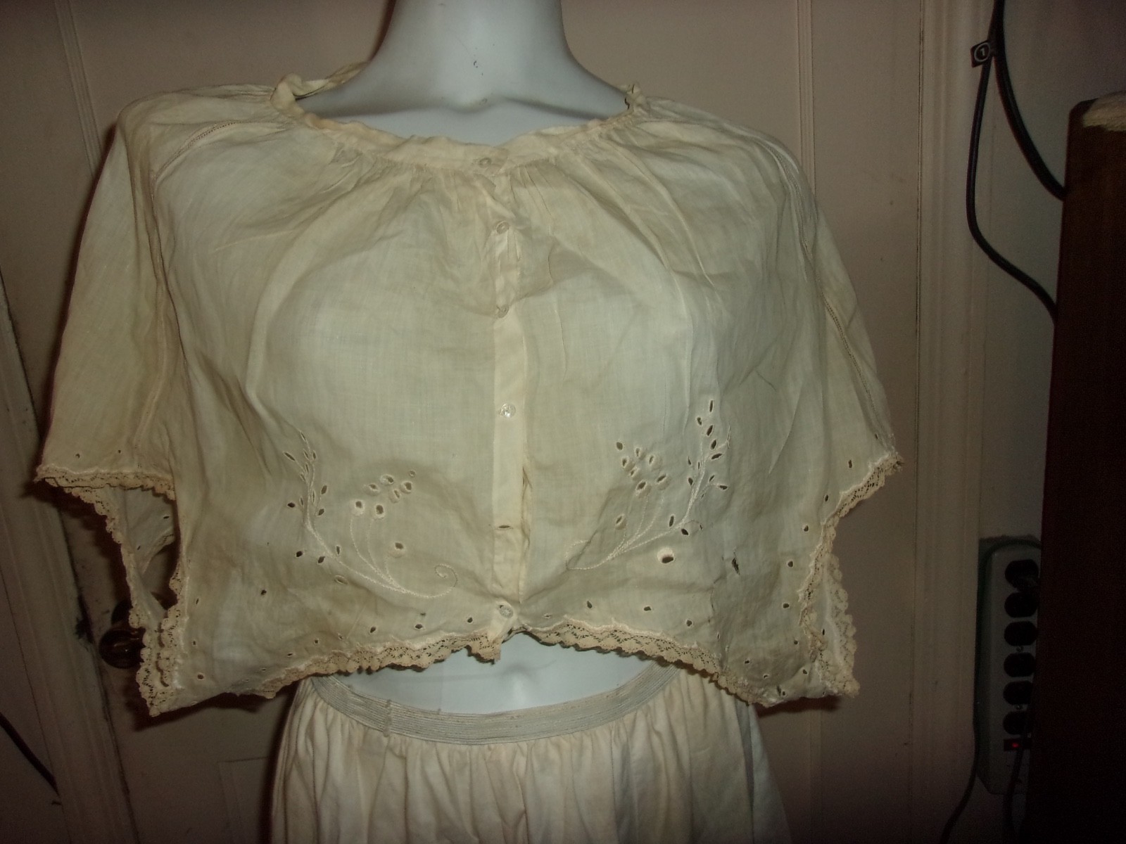 Antique Edwardian Camisole /Petticoat Tan Cotton Embroidered Eyelet Lace
