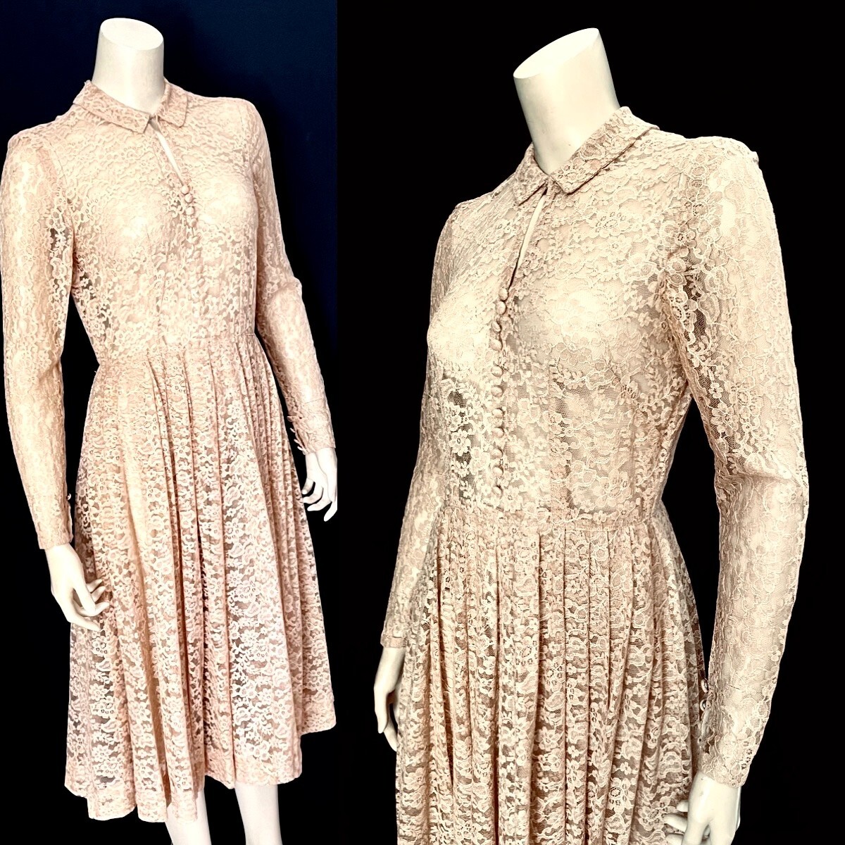 Lovely Lace 1950s Occasion Dress, Long Sleeves, Apricot, Bridal, Small, VLV
