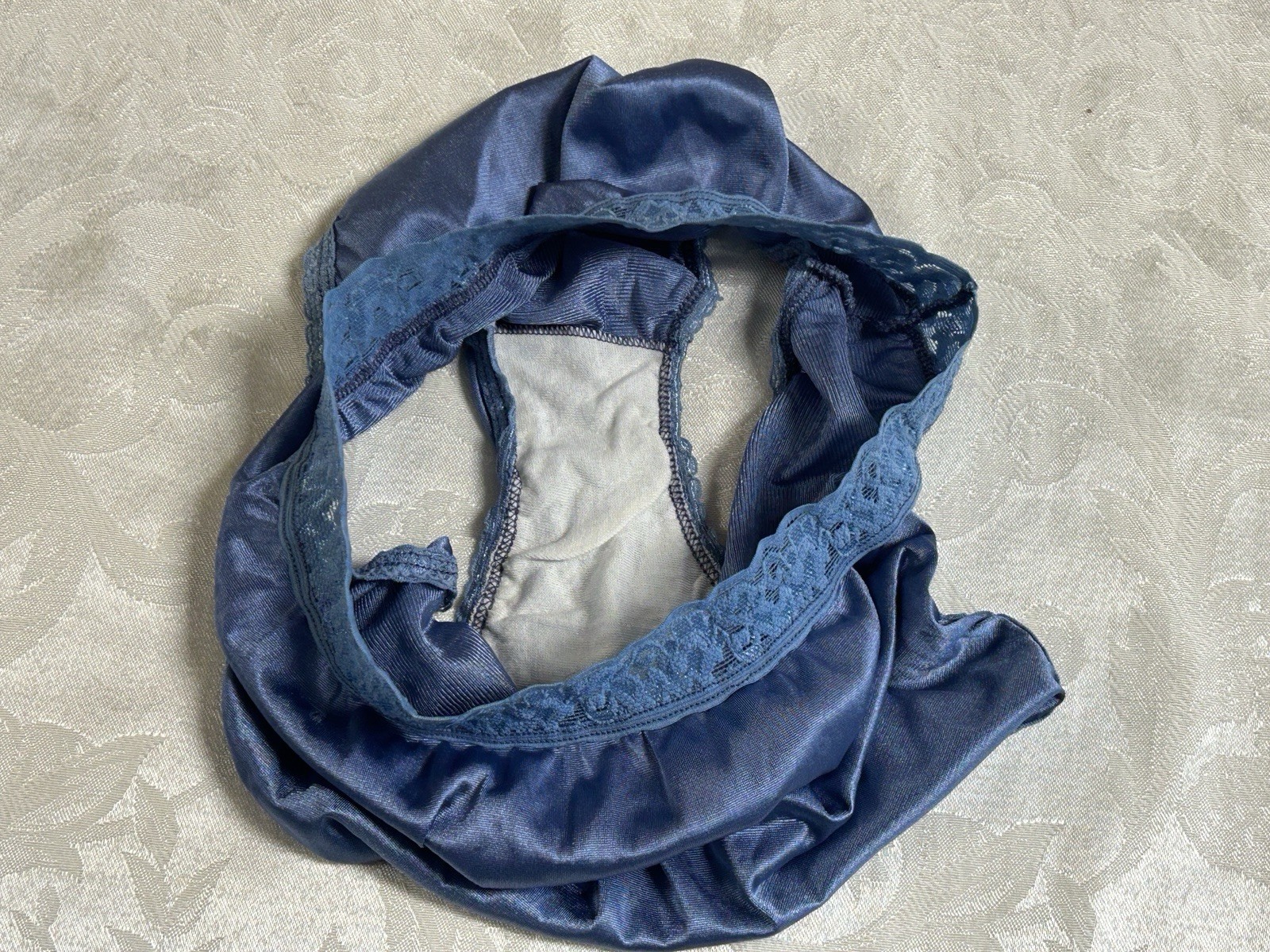 Vtg HANES Silky Satin Hi-Waist French Hi-Cut Wide Lace Band Size 6 Blue Panties