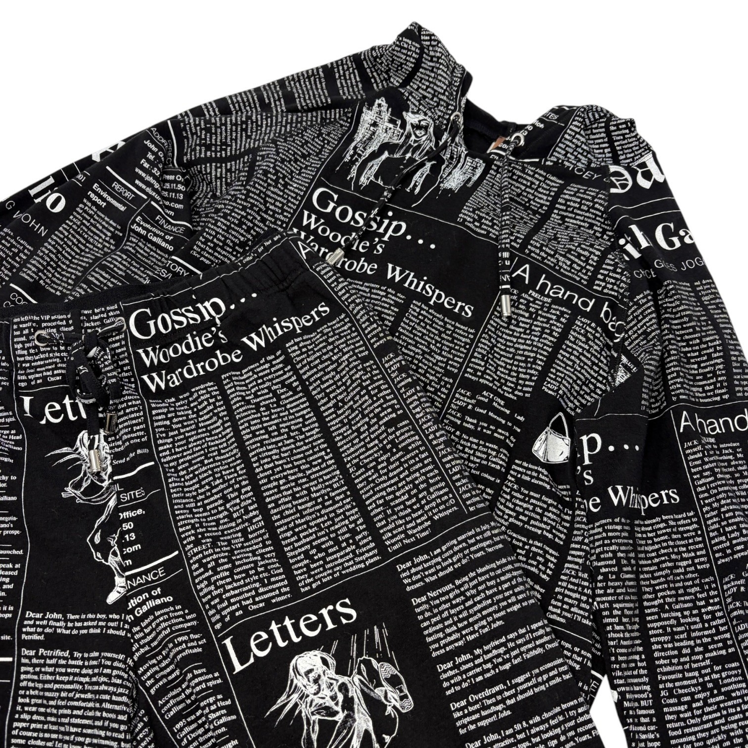 John Galliano Vintage Newspaper Print Hoodie Top Pants Set #XS Black 902549