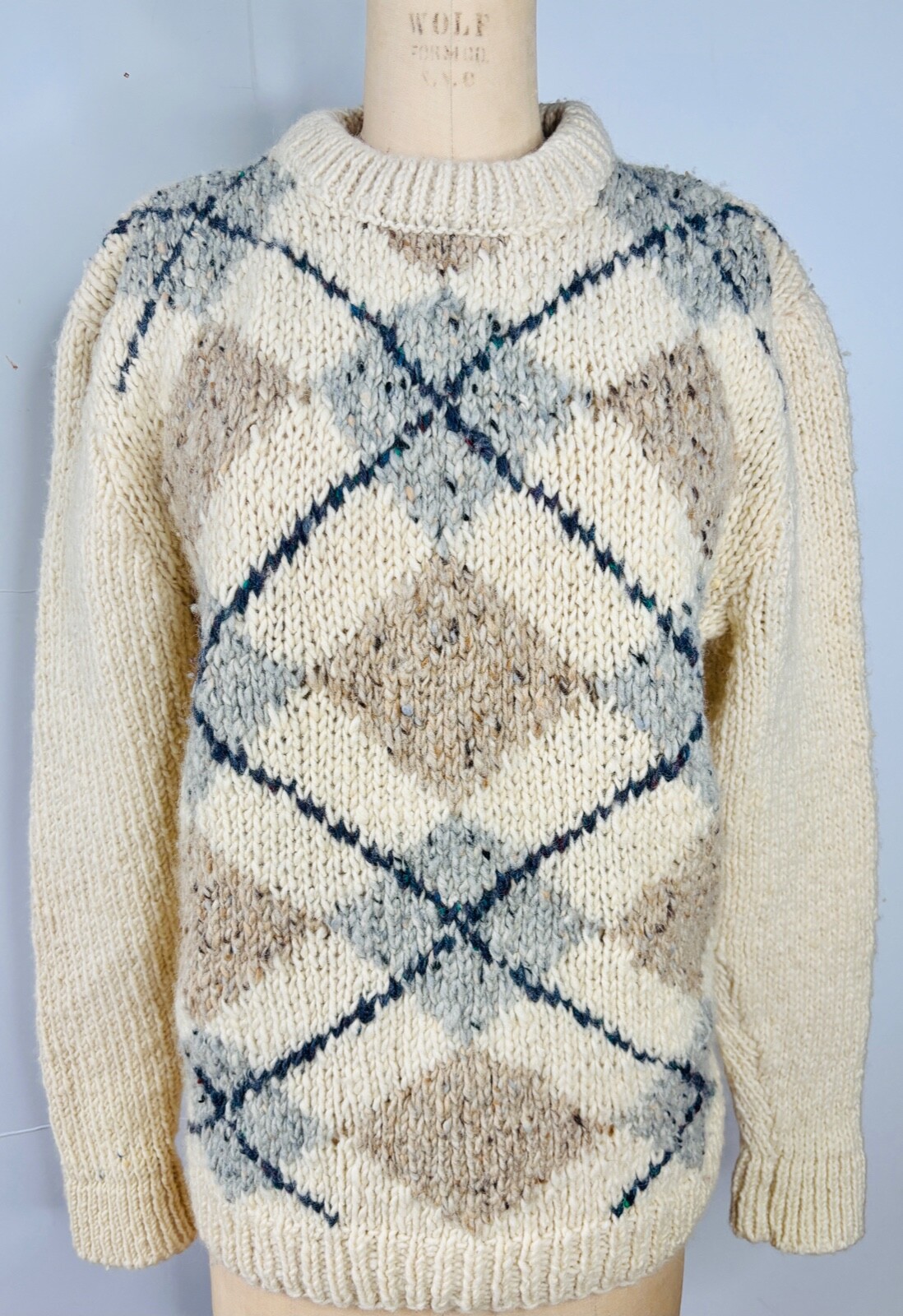 VTG GAELTARRA CREAM GRAY&TAN ARGYLE FISHERMAN HAND-KNIT IRISH WOOL SWEATER*W M/L
