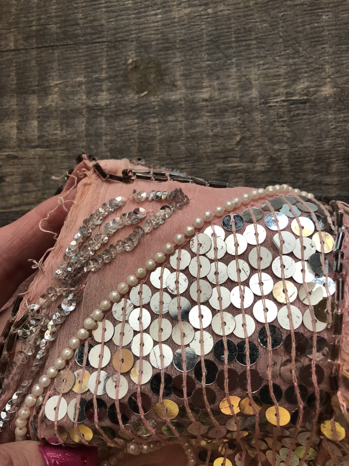 1970’s -80’s Vintage Pale Blush Pink Sequin Sheath Dress Medium