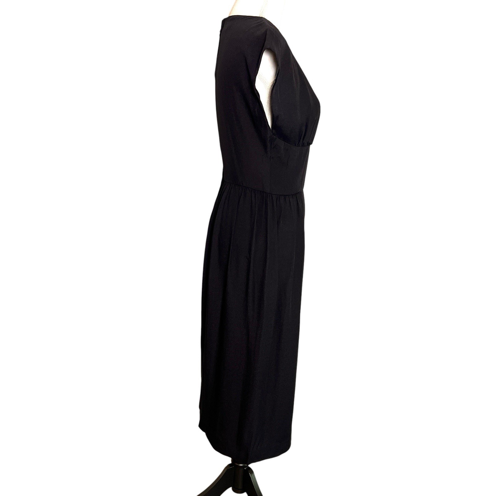 Vtg 90s Halston III Black Cocktail Dress Empire Waist V-Neck Midi Cap Sleeve S