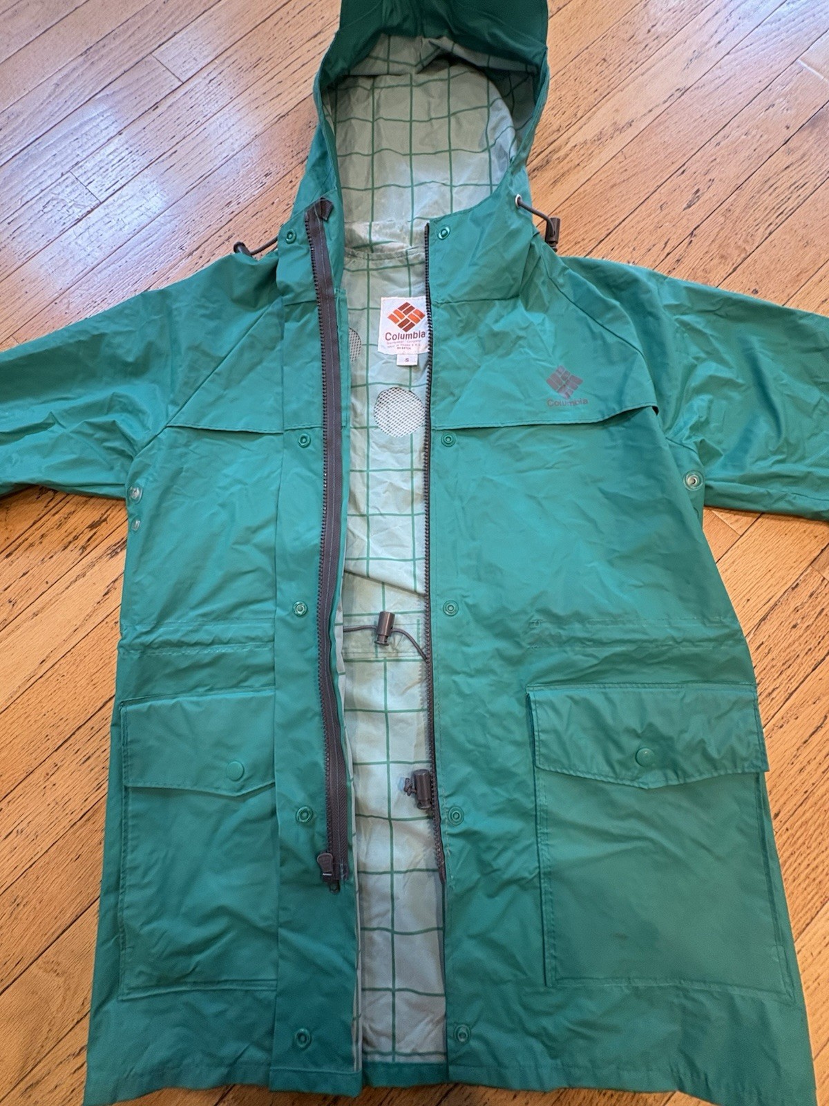 Women’s vintage Columbia Waterproof Hooded Rain Coat Teal S Mid-Length Zip/Snap