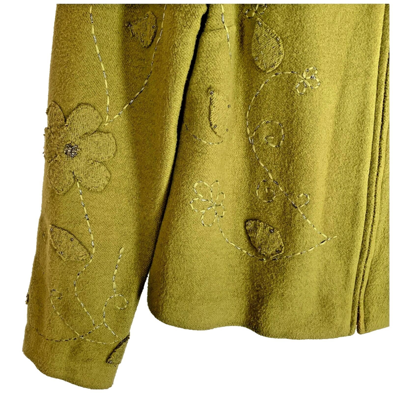 Vintage 70s Boho Jacket 6 Olive Green Cotton Applique Flowers Classy Hippie