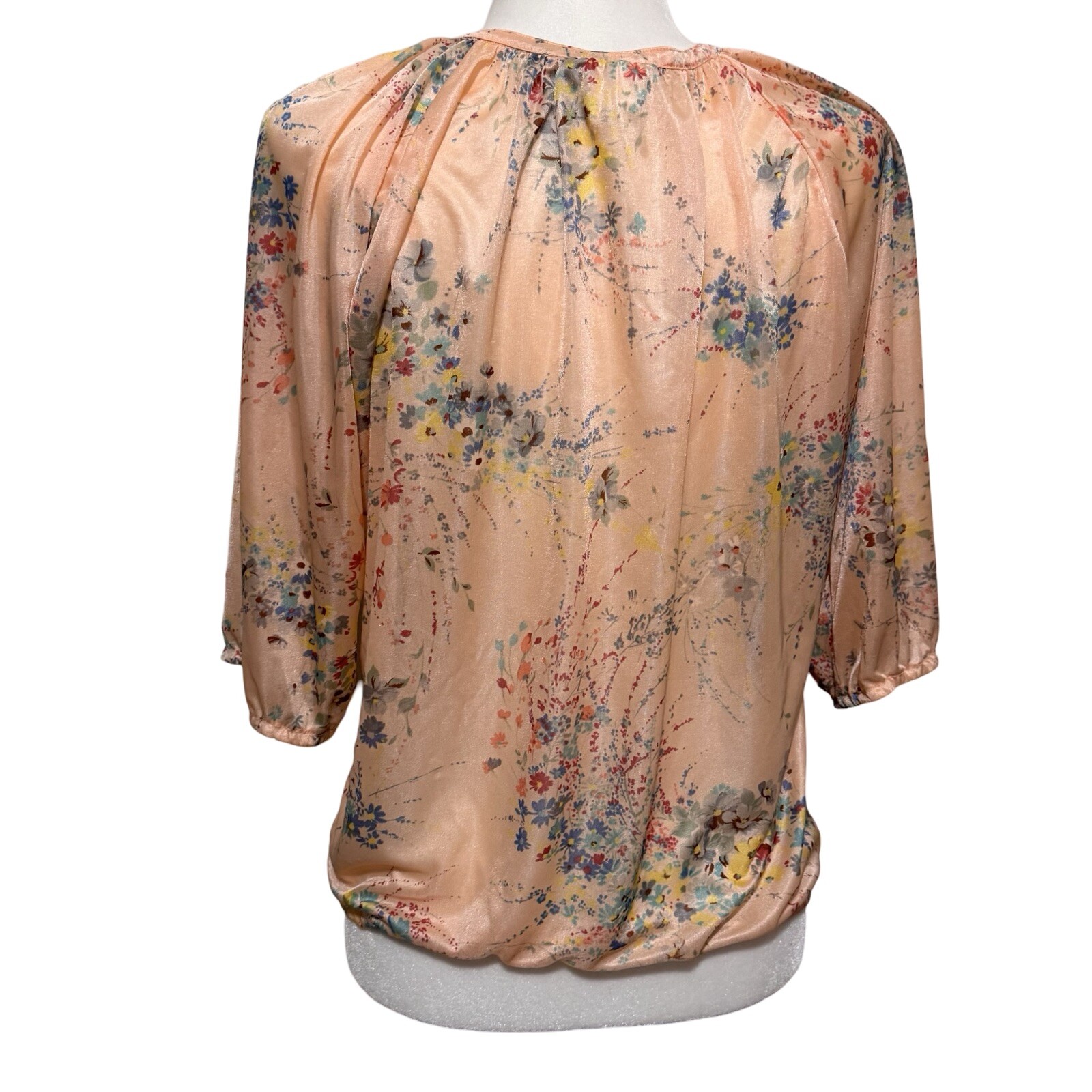 Vintage 70s Peasant Blouse Nylon Peach floral size Small Disco Hippie