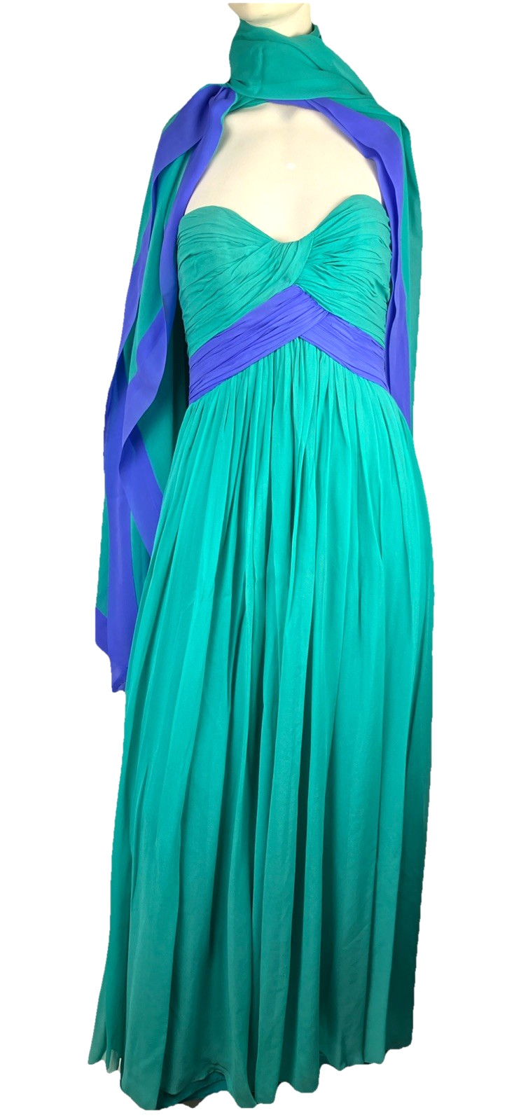 Vintage 90s Nolan Miller Collection Green Draped Silk Strapless Dress & Shawl