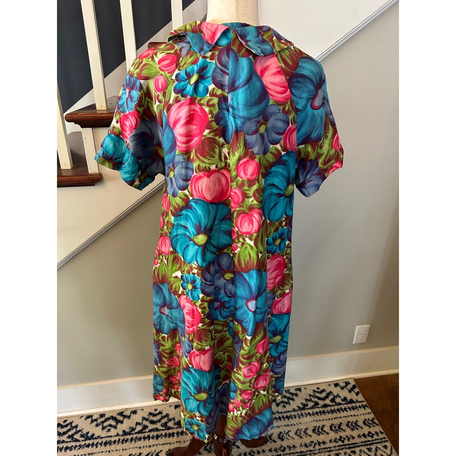 Rhapsody Glazier Vintage Retro 70s Housecoat Dress M/L Floral Pearl Button Robe