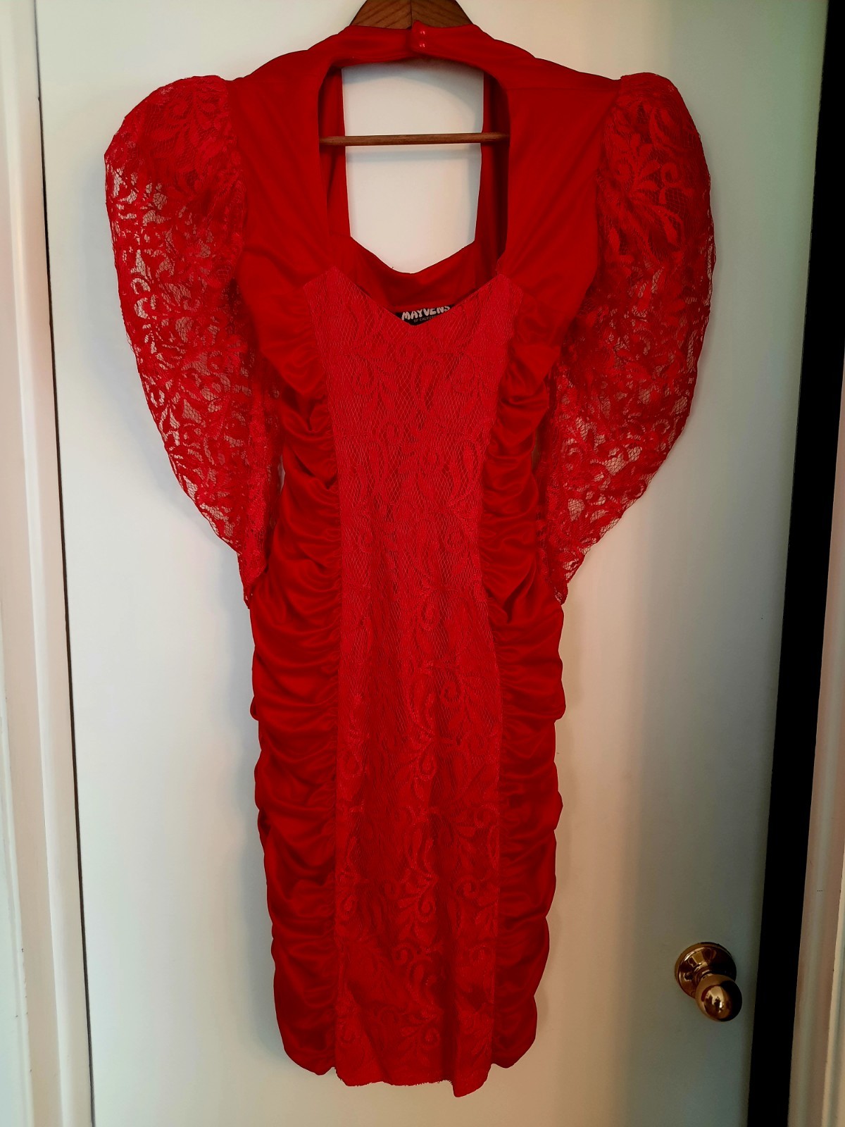 Vintage 1980s Mayvens of California Red Lace Party Dress Prom Photo Session