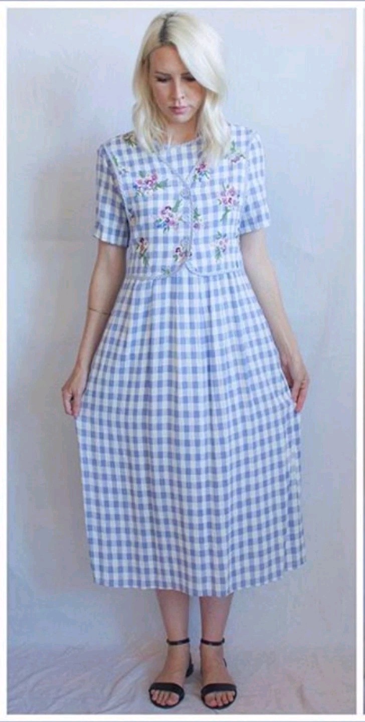 Vintage J.B.S. Ltd. Gingham Maxi Dress Floral Tie-Back Vest Blue Light Size 12.