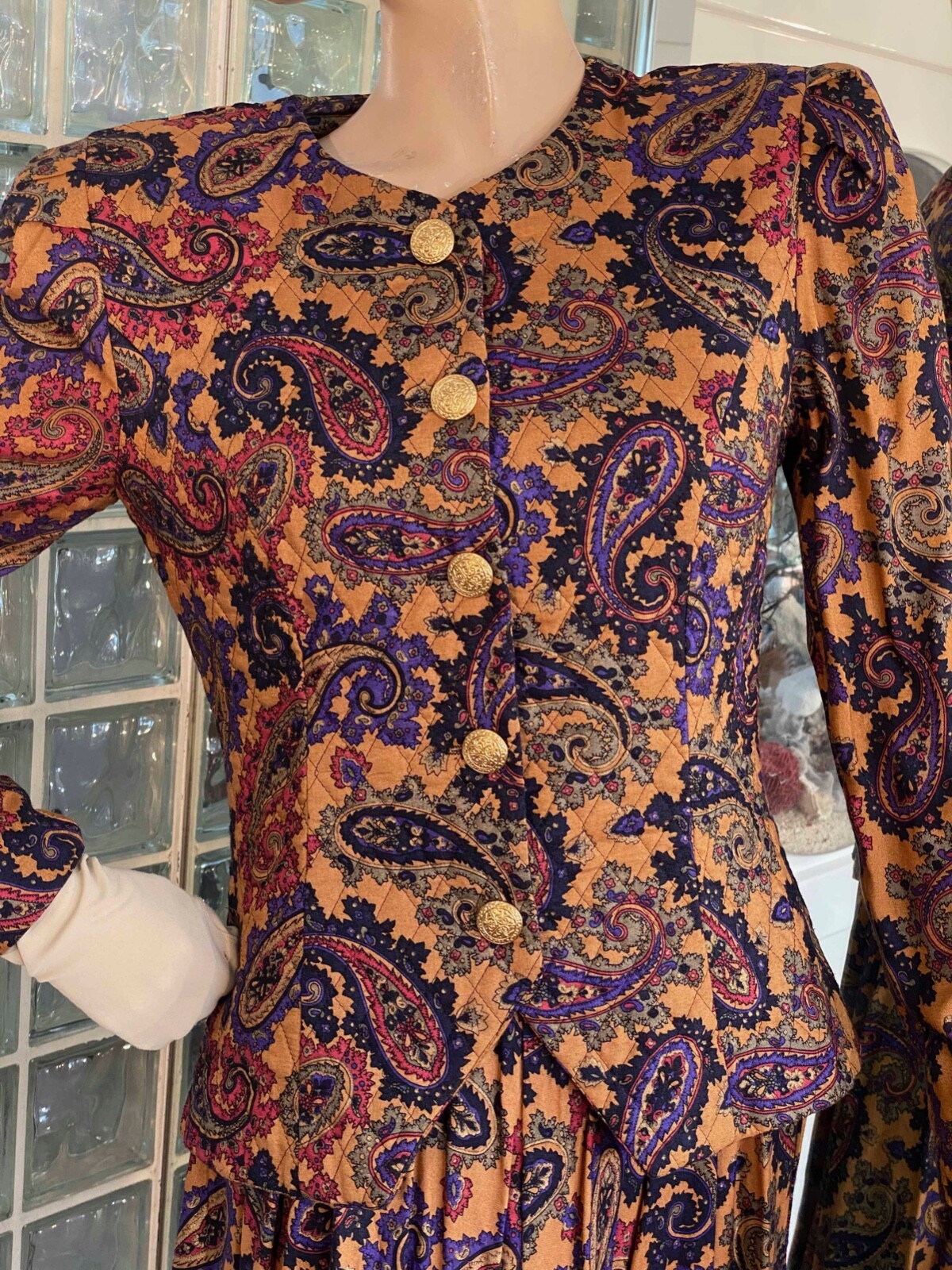 VTG 90s Jeffrey & Dara Suit Dress S Autumn Paisley 2pc Pleat Skirt Secretary