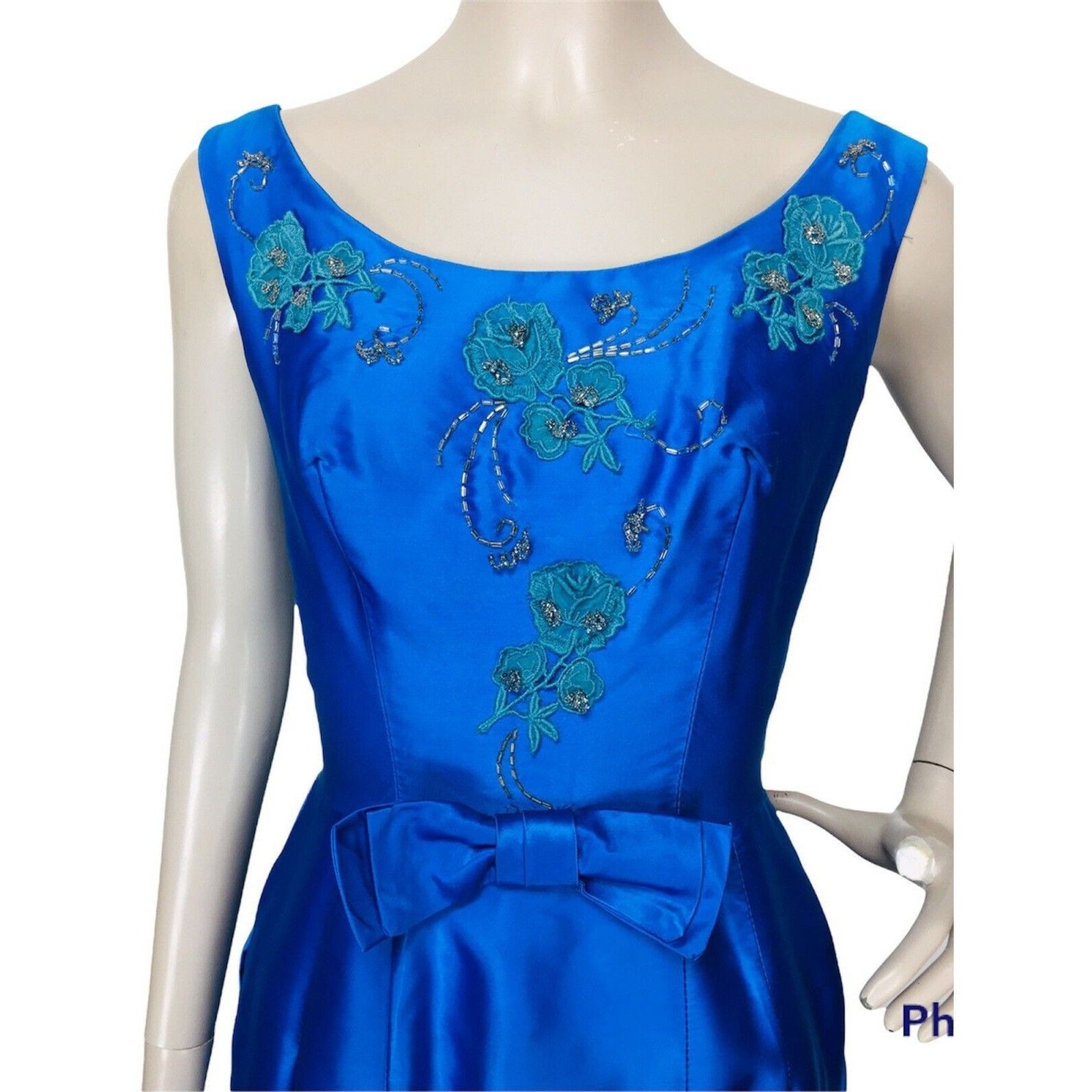 Vintage 1940s Cartwright Blue Satin Jewel Tone Beaded Embroidered Gown Dress
