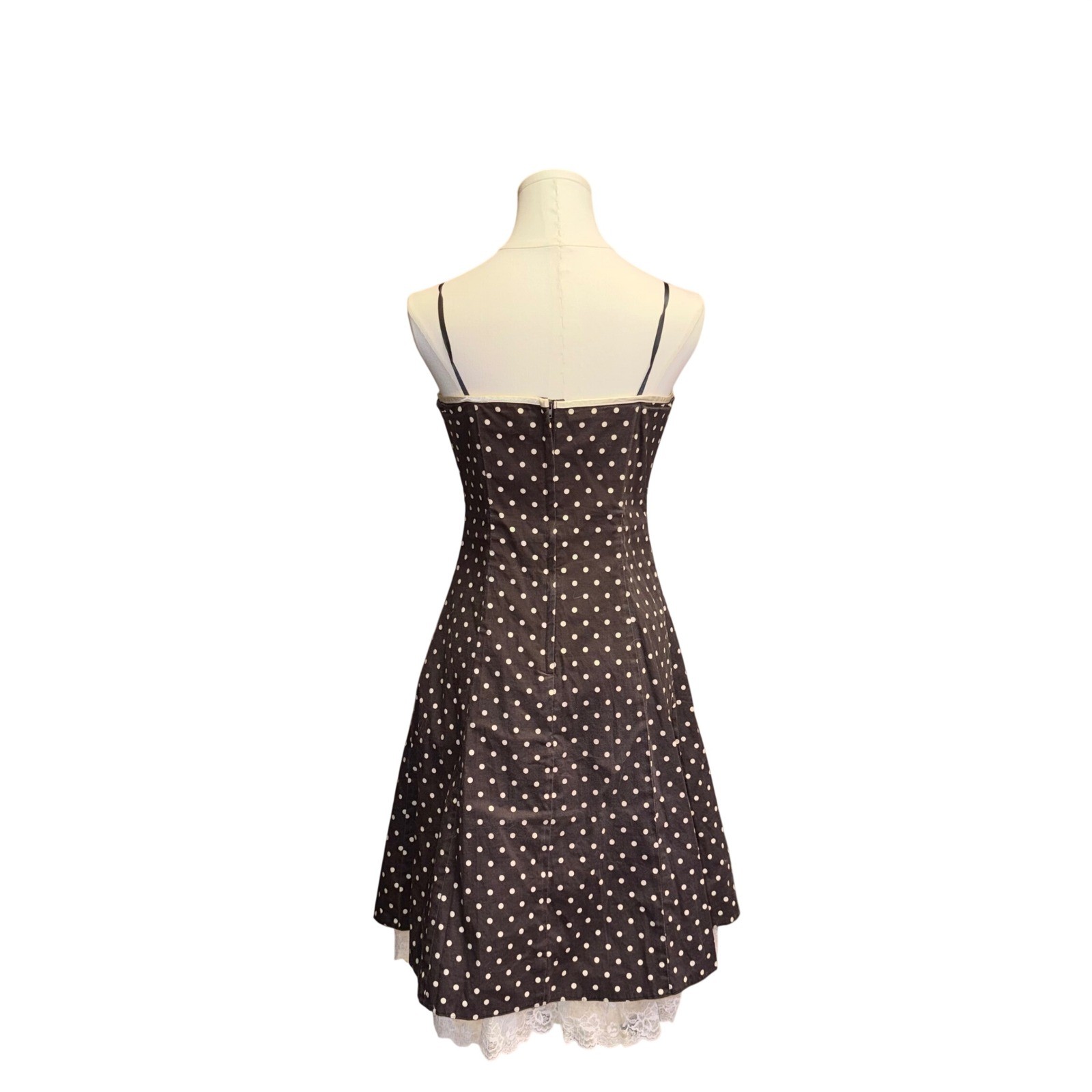 Vintage I.N. San Francisco Y2K Polka Dot Dress Bow Lace Hem Brown White Size 11
