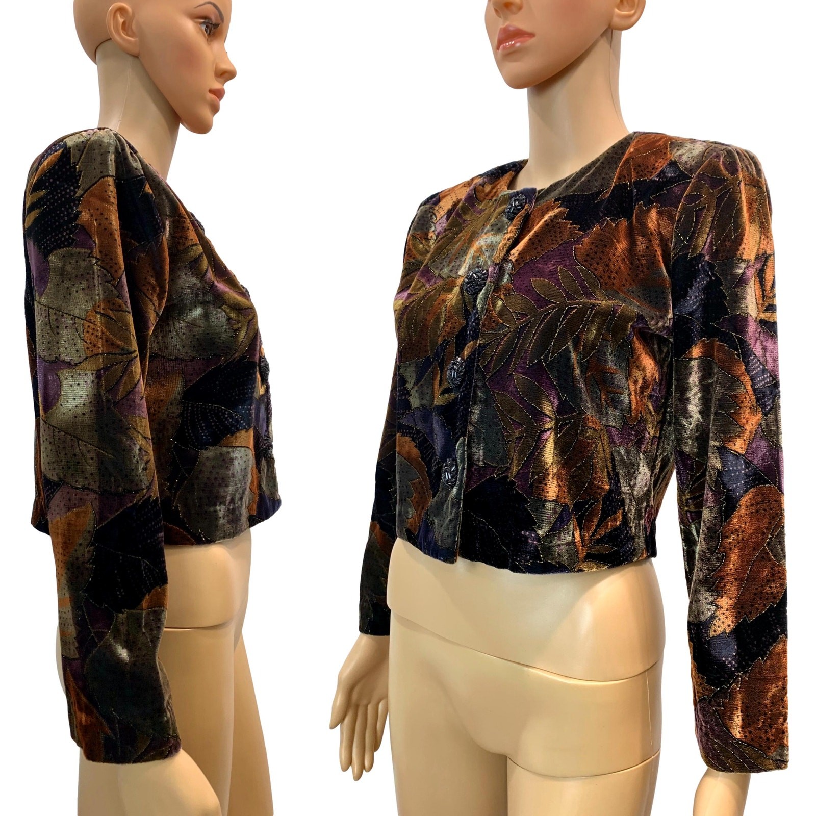 Vintage 80s Painted Velvet Cropped Jacket Brown Purple Rust Petite 2