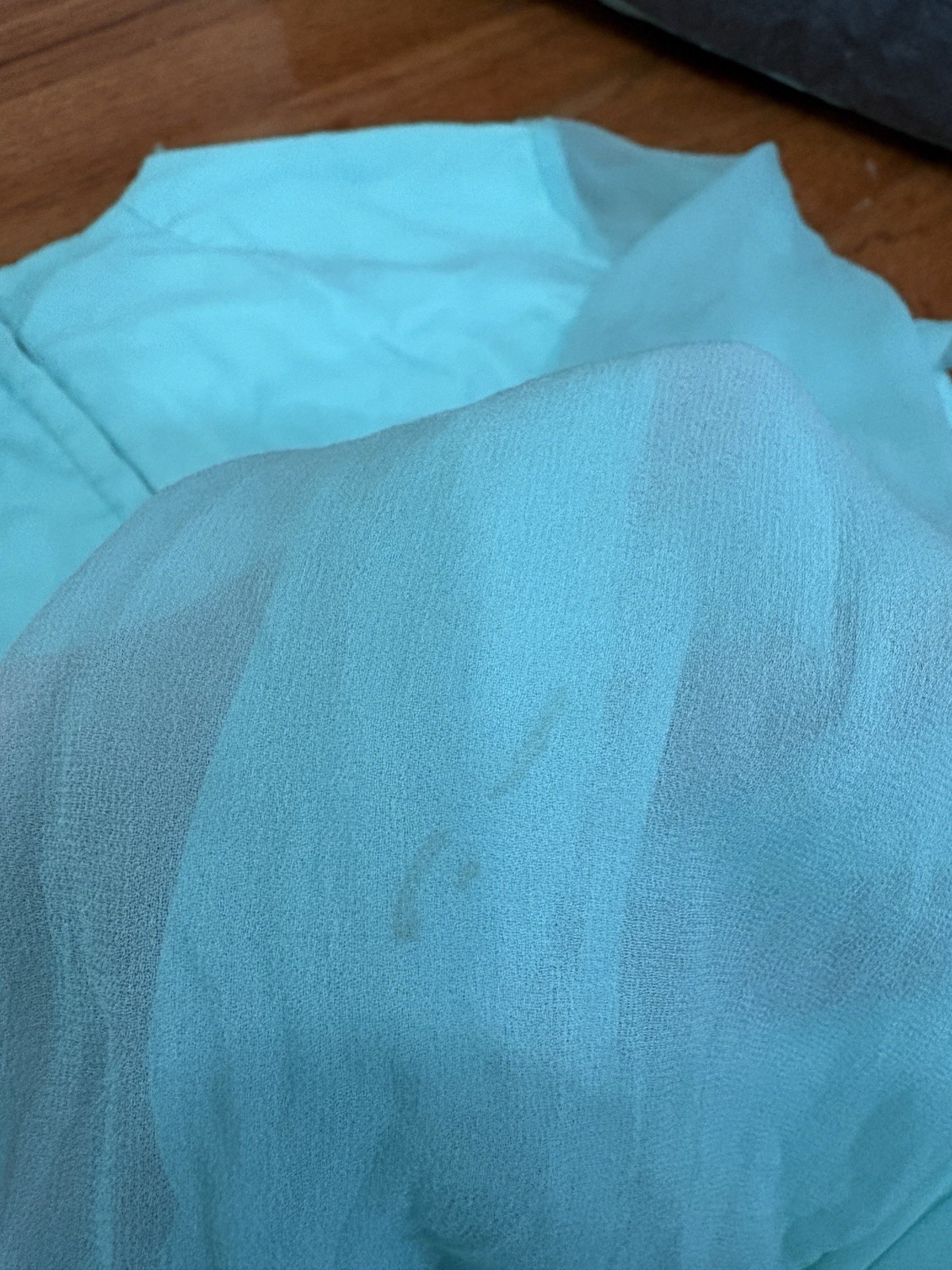 Vtg 70s Teal Blue Chiffon Maxi Dress Beaded Emblishment Sheer Sleeves 26” W