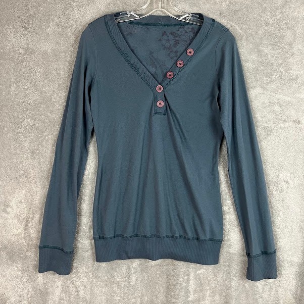 Vintage Y2K Henley Top Womens M Blue Long Sleeve Indie Sleaze Grunge 2000s