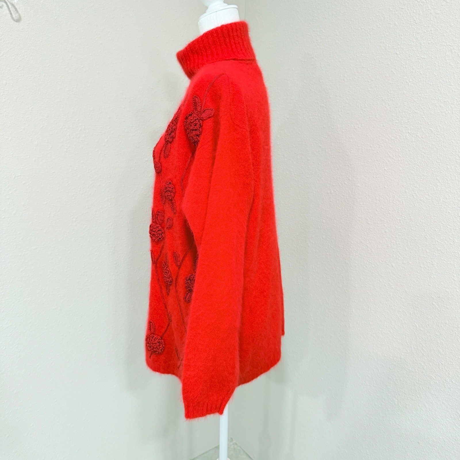 Vintage Rafaella Angora Rabbit Lambswool Sweater L Red Floral 3D Applique