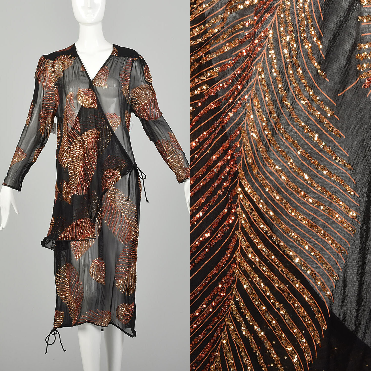 Medium 1980s Two Piece Wrap Dress Black Glitter Sheer VTG 80s