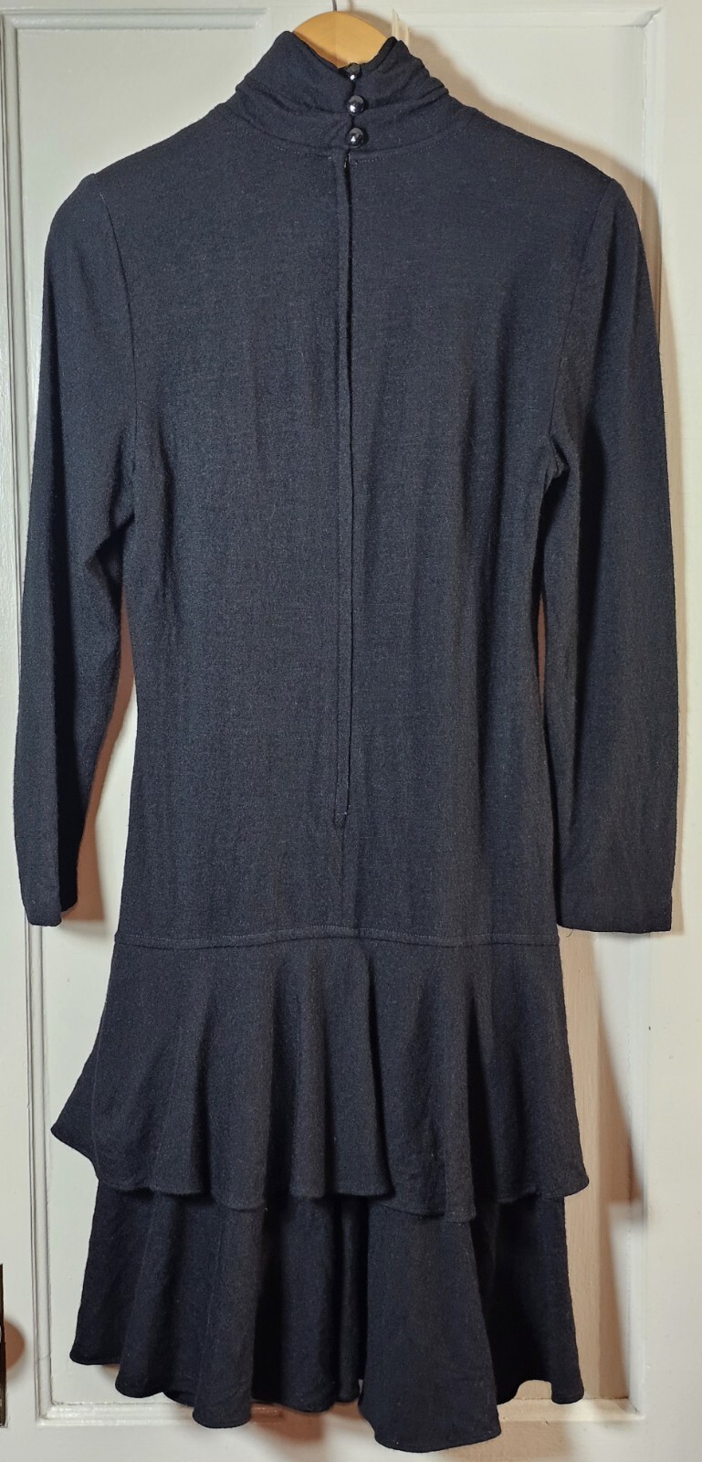 Vtg 80’s The Kollection Petites Dress Women Sz 12P Black Wool L/S Tiered Ruffles