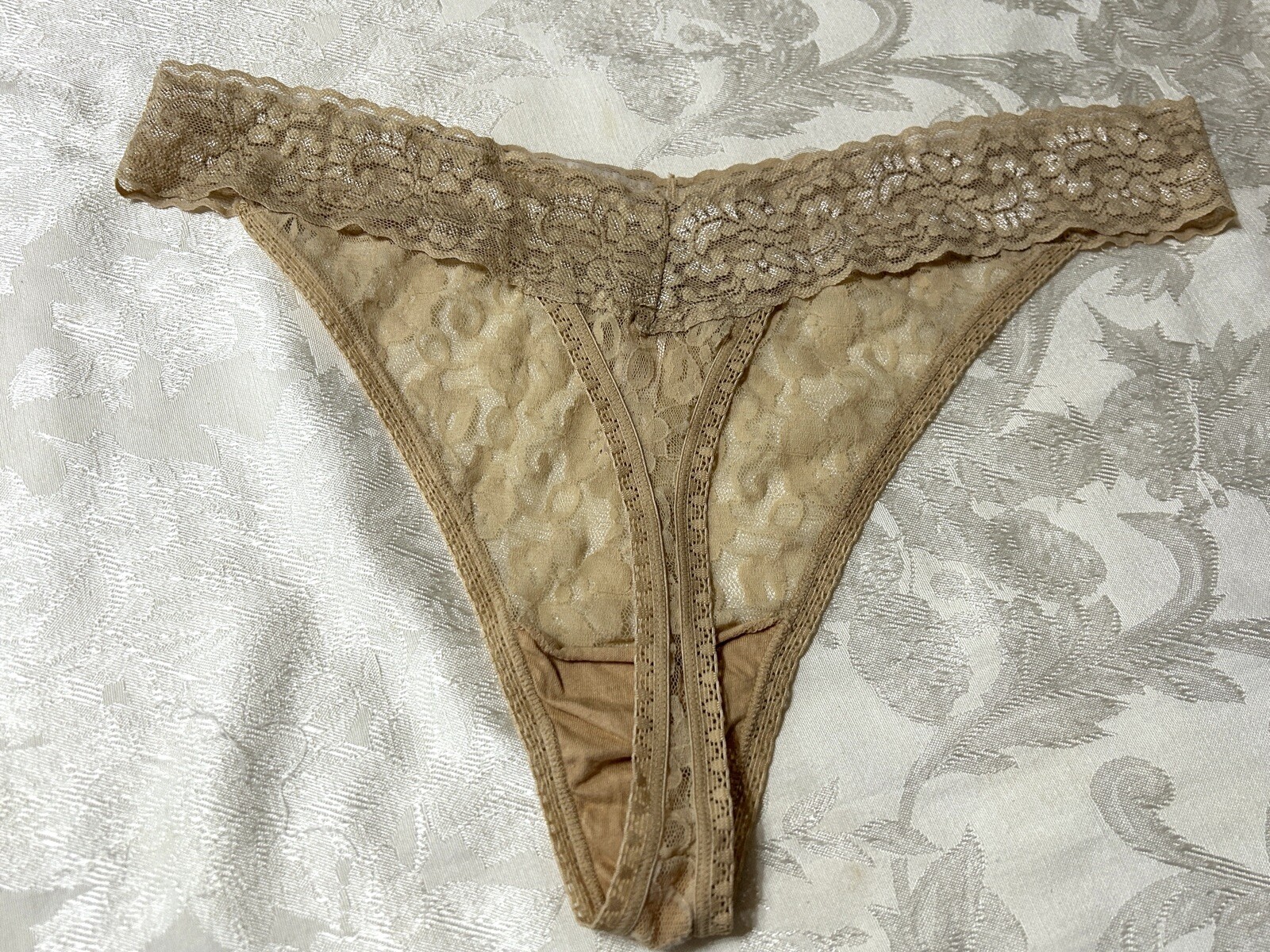 Vtg CACIQUE Floral Lace Mesh 2″ Waistband 18/20 Beige Thong Panties #81