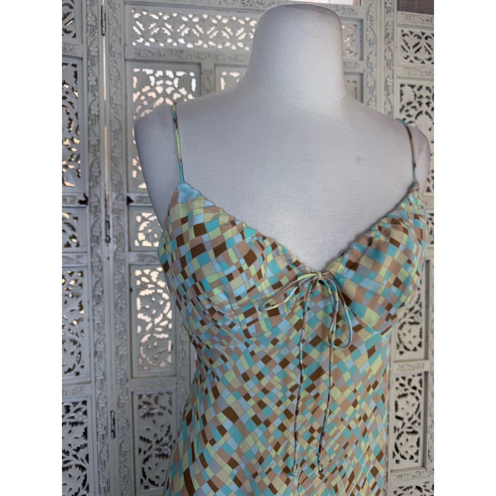 Express V Neck Slip Dress Sz Medium Y2K Checkered Retro Colorful Twee Coquette