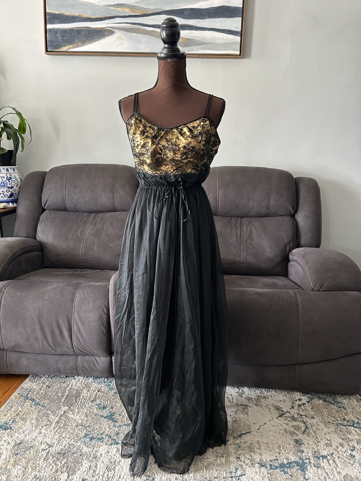 Vtg Gotham Gold Stripe Rare Black Gold Sheer Nightgown Size 36 Long