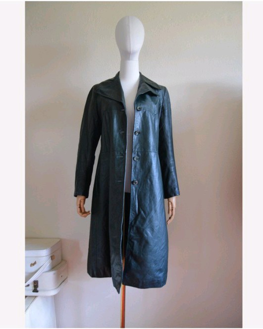 Vintage 1970s forest green Leather Trench Coat dark green 70s boho long retro S