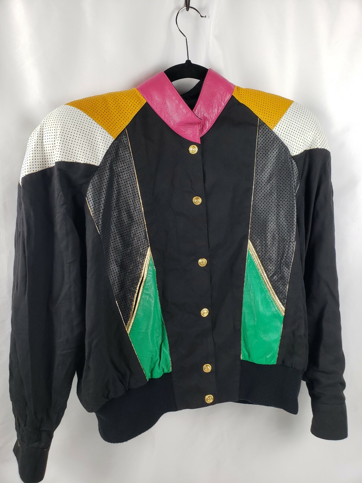 Vtg 80’s 90’s Deja Vu Designs Leather Colorblock & Cotton Twill Jacket Wmn Med