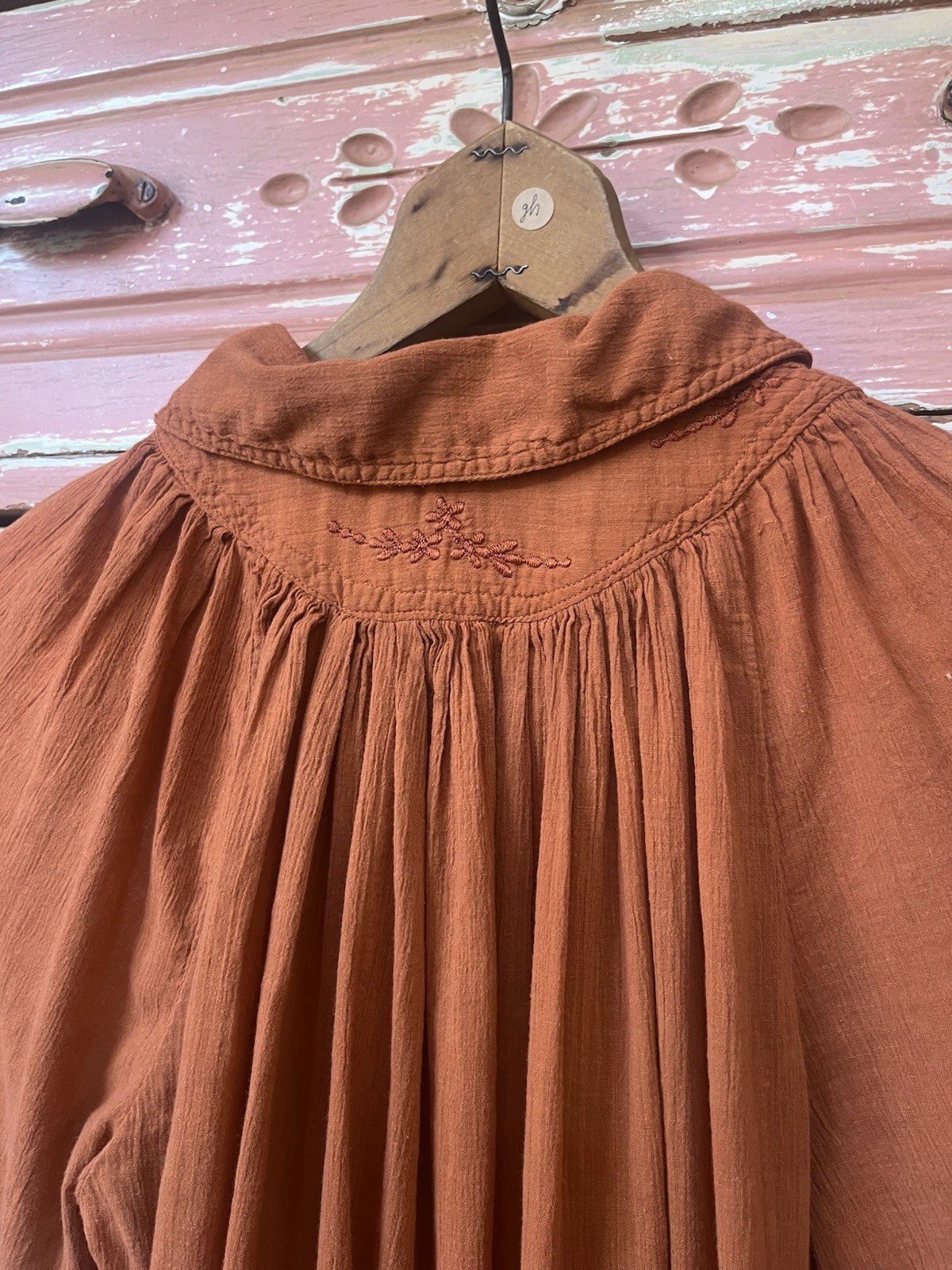 Vintage 70s India Cotton Gauze Embroidered Puff Sleeve Orange Rust Tunic Blouse