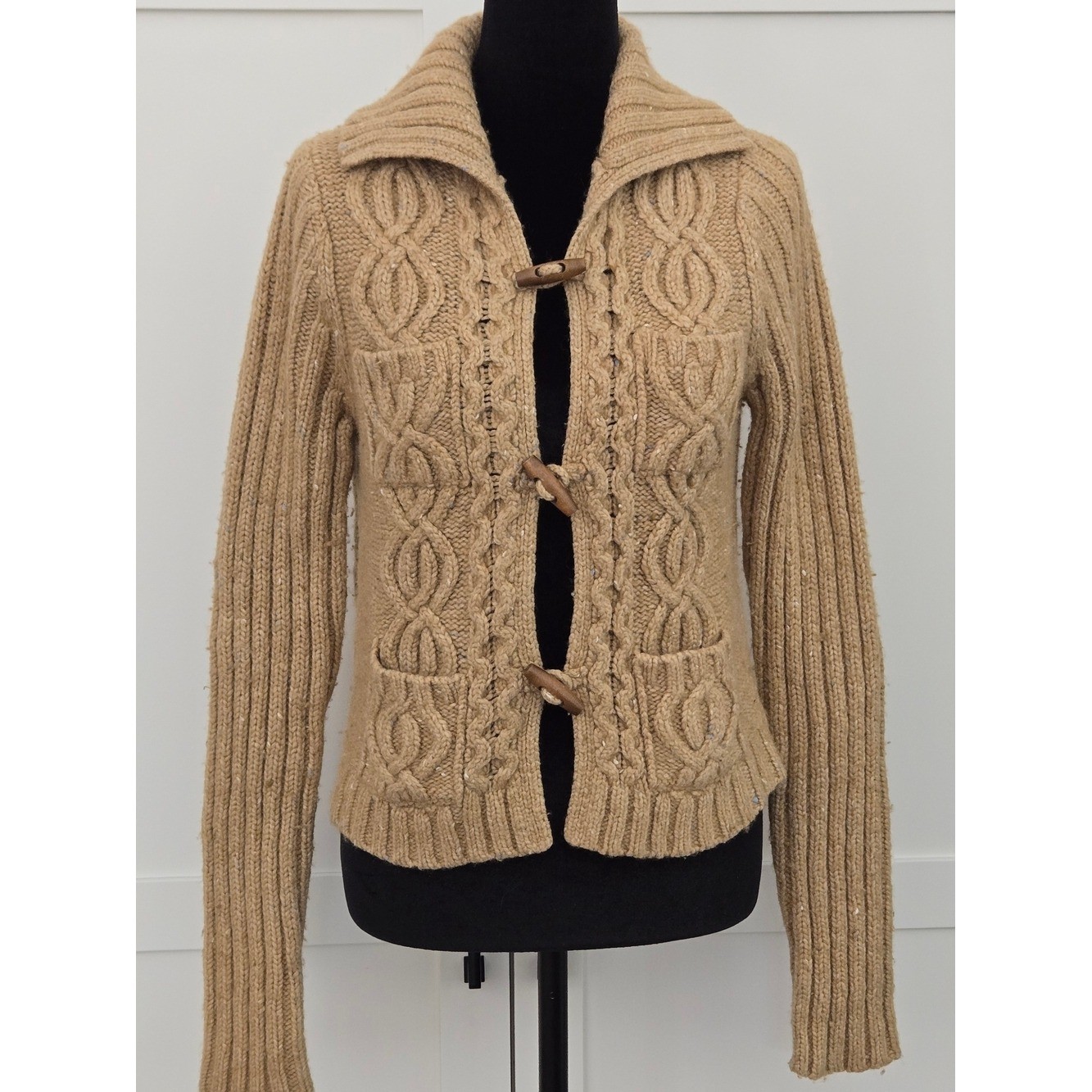 VTG Abercrombie & Fitch Womens Camel Cable Knit Toggle Cardigan Sweater Large